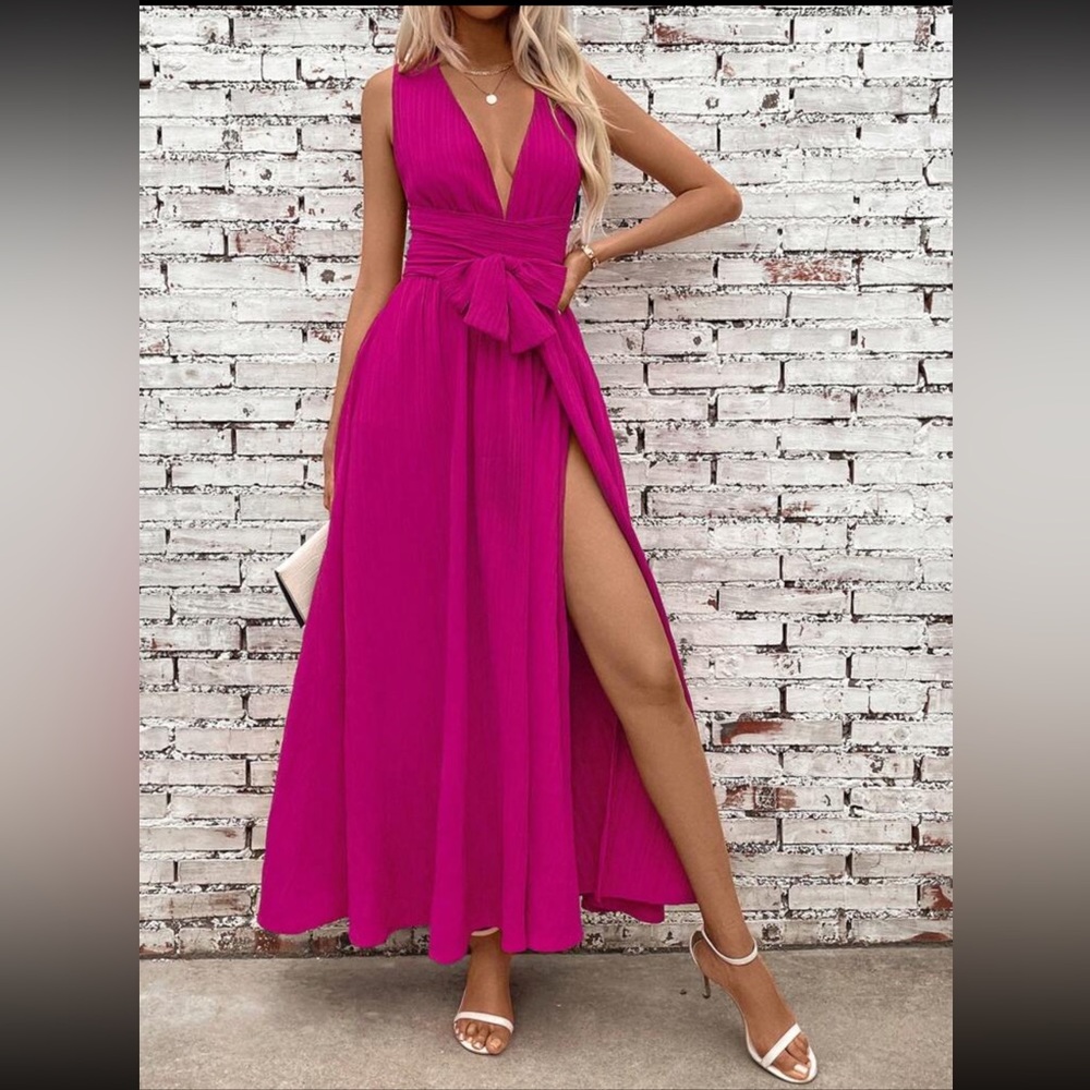 Hot Pink Deep V Side Slit Dress
